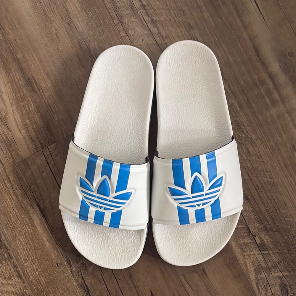 Adidas White and Blue Slides